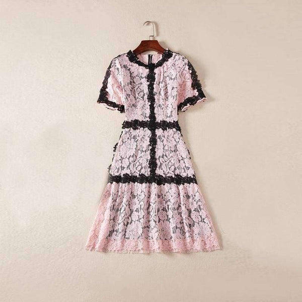 Planet Gates pink / S Lace Dress 2018 Summer Party Event Ladies O-Neck Red Pink Lace Color Block Short Sleeve Slim Fitted Dress Beautis