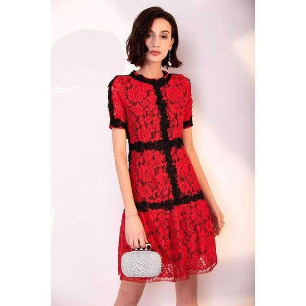 Planet Gates pink / S Lace Dress 2018 Summer Party Event Ladies O-Neck Red Pink Lace Color Block Short Sleeve Slim Fitted Dress Beautis