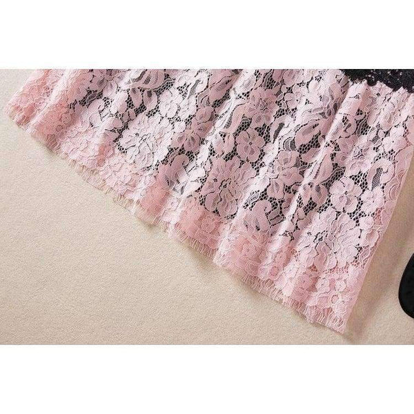 Planet Gates pink / S Lace Dress 2018 Summer Party Event Ladies O-Neck Red Pink Lace Color Block Short Sleeve Slim Fitted Dress Beautis