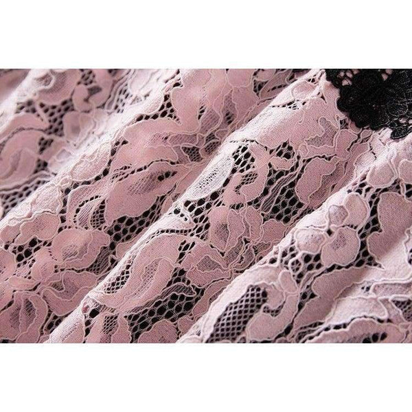 Planet Gates pink / S Lace Dress 2018 Summer Party Event Ladies O-Neck Red Pink Lace Color Block Short Sleeve Slim Fitted Dress Beautis