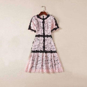 Planet Gates pink / S Lace Dress 2018 Summer Party Event Ladies O-Neck Red Pink Lace Color Block Short Sleeve Slim Fitted Dress Beautis