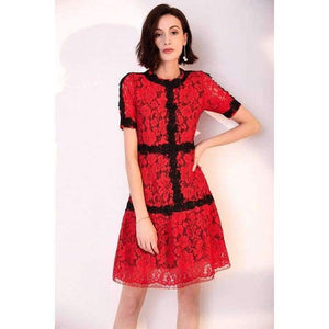 Planet Gates pink / S Lace Dress 2018 Summer Party Event Ladies O-Neck Red Pink Lace Color Block Short Sleeve Slim Fitted Dress Beautis