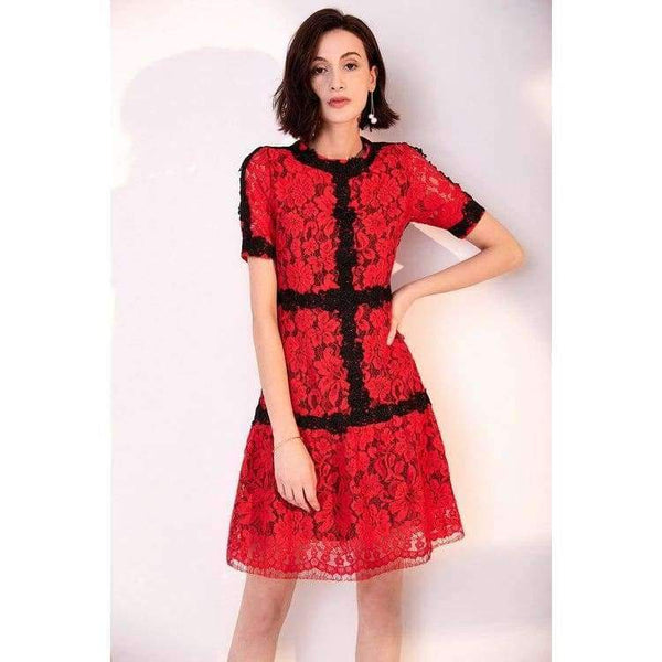 Planet Gates pink / S Lace Dress 2018 Summer Party Event Ladies O-Neck Red Pink Lace Color Block Short Sleeve Slim Fitted Dress Beautis