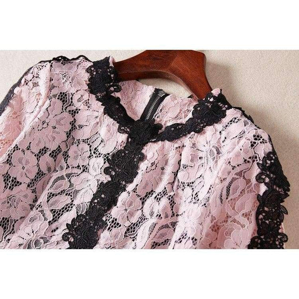 Planet Gates pink / S Lace Dress 2018 Summer Party Event Ladies O-Neck Red Pink Lace Color Block Short Sleeve Slim Fitted Dress Beautis