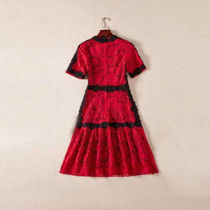 Planet Gates pink / S Lace Dress 2018 Summer Party Event Ladies O-Neck Red Pink Lace Color Block Short Sleeve Slim Fitted Dress Beautis