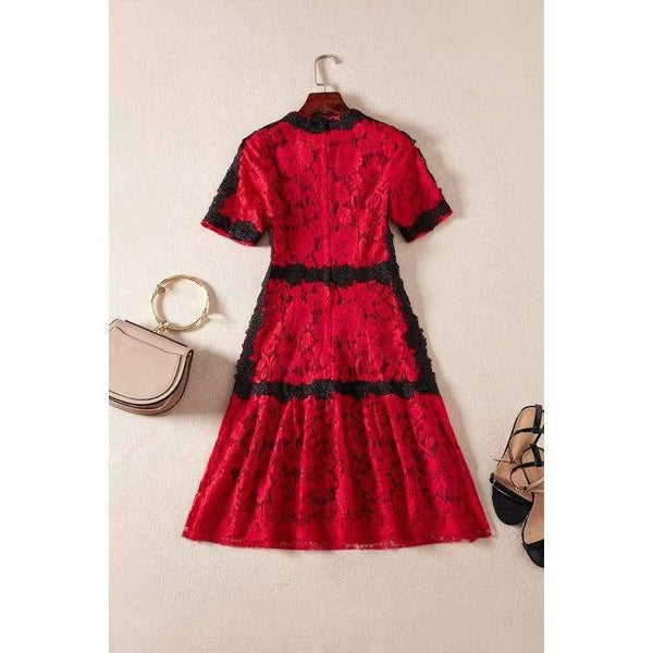 Planet Gates pink / S Lace Dress 2018 Summer Party Event Ladies O-Neck Red Pink Lace Color Block Short Sleeve Slim Fitted Dress Beautis