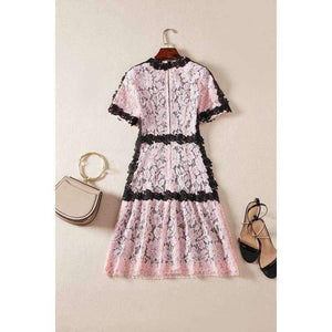 Planet Gates pink / S Lace Dress 2018 Summer Party Event Ladies O-Neck Red Pink Lace Color Block Short Sleeve Slim Fitted Dress Beautis