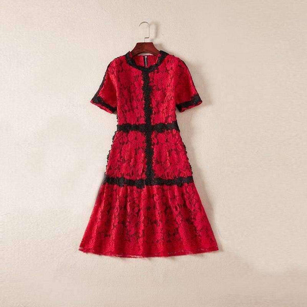 Planet Gates pink / S Lace Dress 2018 Summer Party Event Ladies O-Neck Red Pink Lace Color Block Short Sleeve Slim Fitted Dress Beautis