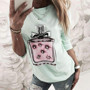 Planet Gates Pink / S New Arrivals Casual Pink Green White Perfume Pattern Print Short Sleeve Tees Women Tops Shirt T Shirt For Women