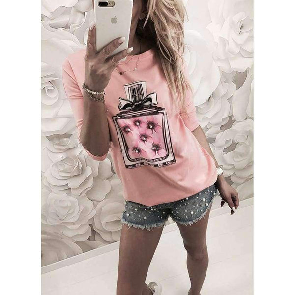 Planet Gates Pink / S New Arrivals Casual Pink Green White Perfume Pattern Print Short Sleeve Tees Women Tops Shirt T Shirt For Women