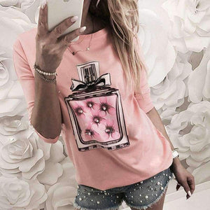 Planet Gates Pink / S New Arrivals Casual Pink Green White Perfume Pattern Print Short Sleeve Tees Women Tops Shirt T Shirt For Women