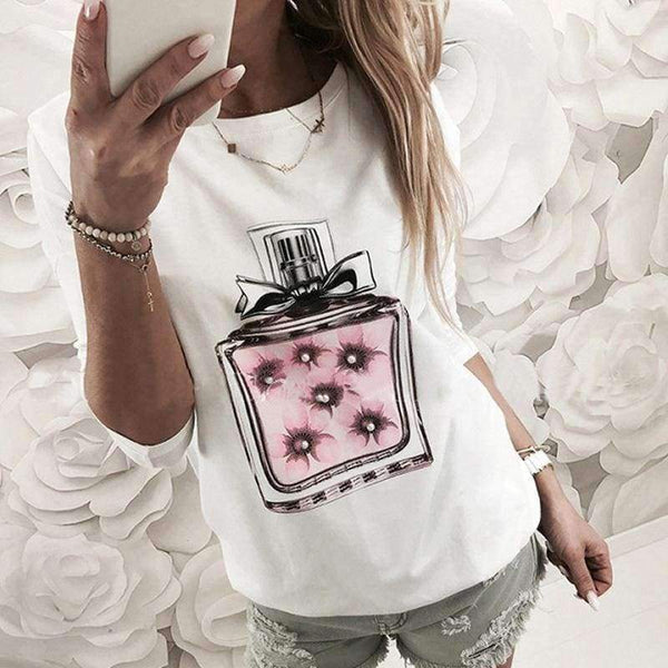 Planet Gates Pink / S New Arrivals Casual Pink Green White Perfume Pattern Print Short Sleeve Tees Women Tops Shirt T Shirt For Women