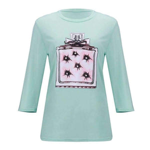 Planet Gates Pink / S New Arrivals Casual Pink Green White Perfume Pattern Print Short Sleeve Tees Women Tops Shirt T Shirt For Women