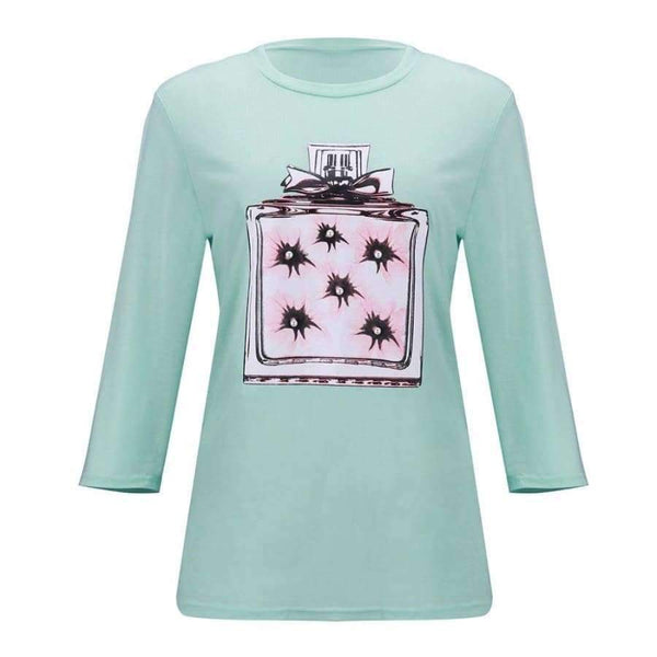 Planet Gates Pink / S New Arrivals Casual Pink Green White Perfume Pattern Print Short Sleeve Tees Women Tops Shirt T Shirt For Women