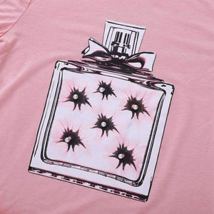 Planet Gates Pink / S New Arrivals Casual Pink Green White Perfume Pattern Print Short Sleeve Tees Women Tops Shirt T Shirt For Women
