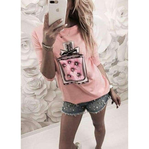 Planet Gates Pink / S New Arrivals Casual Pink Green White Perfume Pattern Print Short Sleeve Tees Women Tops Shirt T Shirt For Women