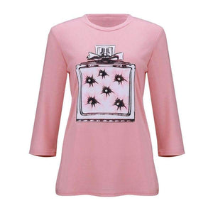 Planet Gates Pink / S New Arrivals Casual Pink Green White Perfume Pattern Print Short Sleeve Tees Women Tops Shirt T Shirt For Women