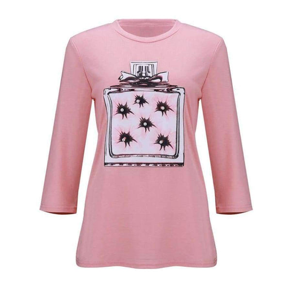 Planet Gates Pink / S New Arrivals Casual Pink Green White Perfume Pattern Print Short Sleeve Tees Women Tops Shirt T Shirt For Women