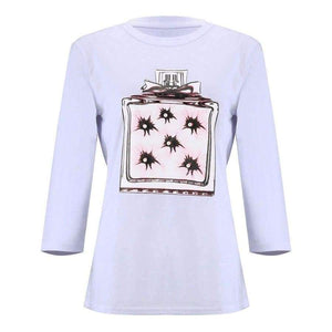 Planet Gates Pink / S New Arrivals Casual Pink Green White Perfume Pattern Print Short Sleeve Tees Women Tops Shirt T Shirt For Women