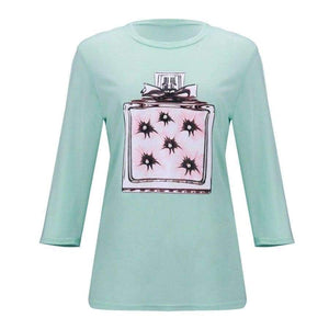 Planet Gates Pink / S New Arrivals Casual Pink Green White Perfume Pattern Print Short Sleeve Tees Women Tops Shirt T Shirt For Women