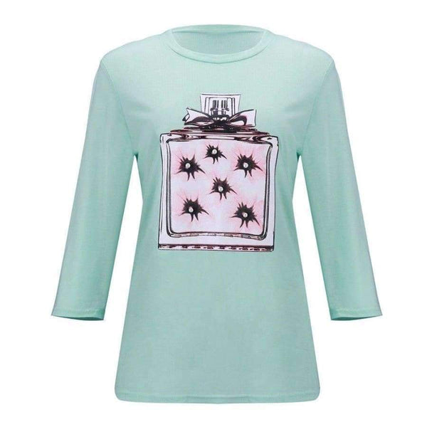 Planet Gates Pink / S New Arrivals Casual Pink Green White Perfume Pattern Print Short Sleeve Tees Women Tops Shirt T Shirt For Women