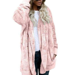 Planet Gates Pink / S New Year Spring Faux Fur Teddy Bear Coat Jacket Women Fashion Open Stitch Hooded Coat Female Long Sleeve Fuzzy Jacket