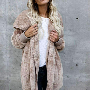 Planet Gates Pink / S New Year Spring Faux Fur Teddy Bear Coat Jacket Women Fashion Open Stitch Hooded Coat Female Long Sleeve Fuzzy Jacket