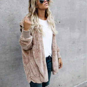 Planet Gates Pink / S New Year Spring Faux Fur Teddy Bear Coat Jacket Women Fashion Open Stitch Hooded Coat Female Long Sleeve Fuzzy Jacket