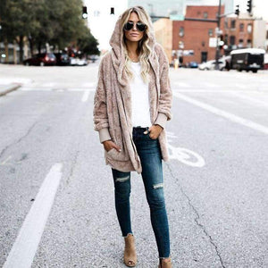 Planet Gates Pink / S New Year Spring Faux Fur Teddy Bear Coat Jacket Women Fashion Open Stitch Hooded Coat Female Long Sleeve Fuzzy Jacket