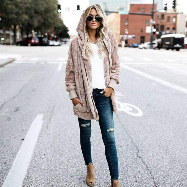 Planet Gates Pink / S New Year Spring Faux Fur Teddy Bear Coat Jacket Women Fashion Open Stitch Hooded Coat Female Long Sleeve Fuzzy Jacket