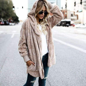Planet Gates Pink / S New Year Spring Faux Fur Teddy Bear Coat Jacket Women Fashion Open Stitch Hooded Coat Female Long Sleeve Fuzzy Jacket