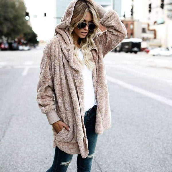 Planet Gates Pink / S New Year Spring Faux Fur Teddy Bear Coat Jacket Women Fashion Open Stitch Hooded Coat Female Long Sleeve Fuzzy Jacket