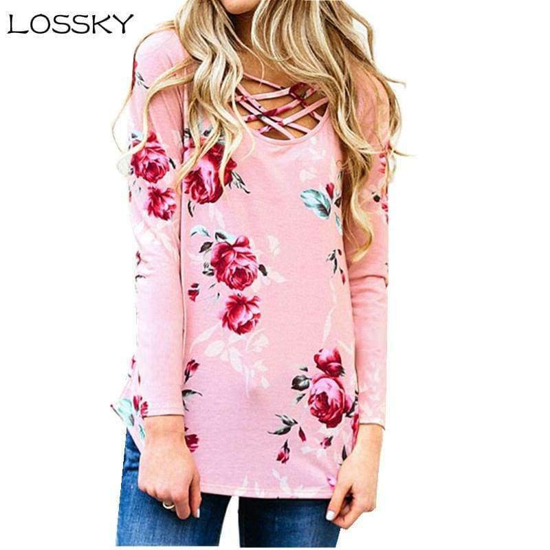 Planet Gates Pink / S Printed Floral V-Neck T-Shirt Women Tops Autumn Winter 2017 T Shirt Female Top Tees Casual Long Sleeve White Blue tshirt