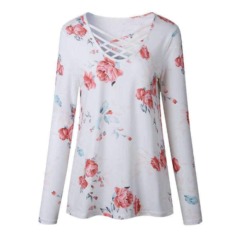 Planet Gates Pink / S Printed Floral V-Neck T-Shirt Women Tops Autumn Winter 2017 T Shirt Female Top Tees Casual Long Sleeve White Blue tshirt