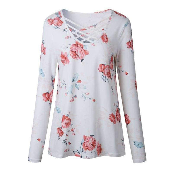 Planet Gates Pink / S Printed Floral V-Neck T-Shirt Women Tops Autumn Winter 2017 T Shirt Female Top Tees Casual Long Sleeve White Blue tshirt