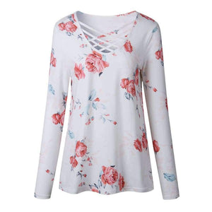 Planet Gates Pink / S Printed Floral V-Neck T-Shirt Women Tops Autumn Winter 2017 T Shirt Female Top Tees Casual Long Sleeve White Blue tshirt