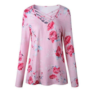 Planet Gates Pink / S Printed Floral V-Neck T-Shirt Women Tops Autumn Winter 2017 T Shirt Female Top Tees Casual Long Sleeve White Blue tshirt
