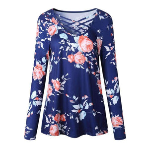 Planet Gates Pink / S Printed Floral V-Neck T-Shirt Women Tops Autumn Winter 2017 T Shirt Female Top Tees Casual Long Sleeve White Blue tshirt