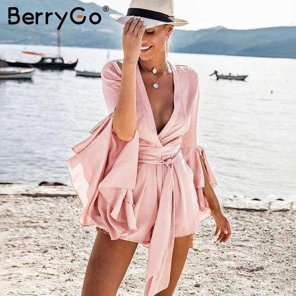 Planet Gates Pink / S Sexy v neck flare long sleeve playsuit High waist tie up pleated satin short romper 2018 Summer women jumpsuit