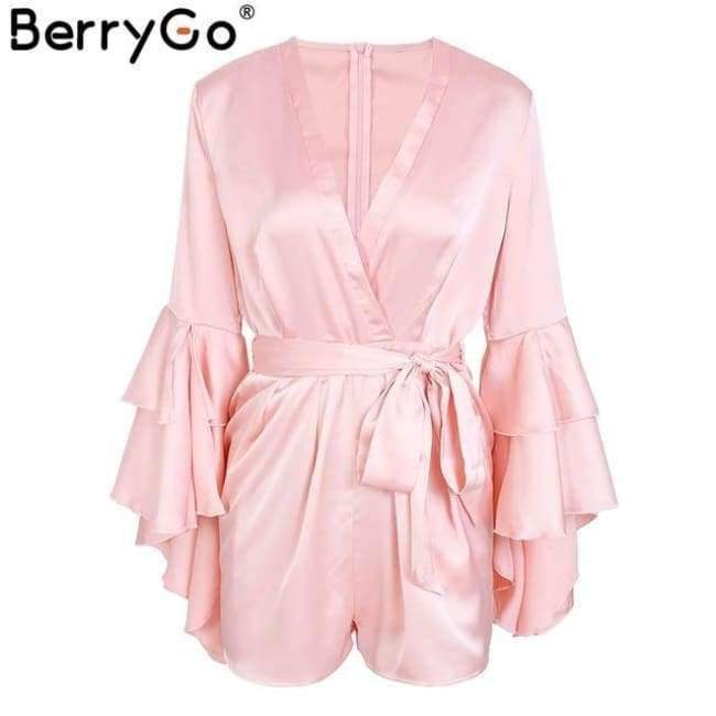 Planet Gates Pink / S Sexy v neck flare long sleeve playsuit High waist tie up pleated satin short romper 2018 Summer women jumpsuit