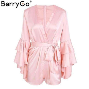 Planet Gates Pink / S Sexy v neck flare long sleeve playsuit High waist tie up pleated satin short romper 2018 Summer women jumpsuit