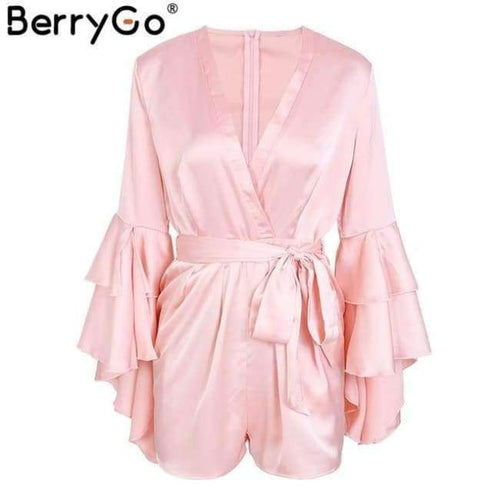Planet Gates Pink / S Sexy v neck flare long sleeve playsuit High waist tie up pleated satin short romper 2018 Summer women jumpsuit