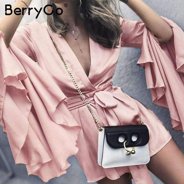 Planet Gates Pink / S Sexy v neck flare long sleeve playsuit High waist tie up pleated satin short romper 2018 Summer women jumpsuit