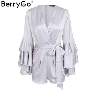 Planet Gates Pink / S Sexy v neck flare long sleeve playsuit High waist tie up pleated satin short romper 2018 Summer women jumpsuit