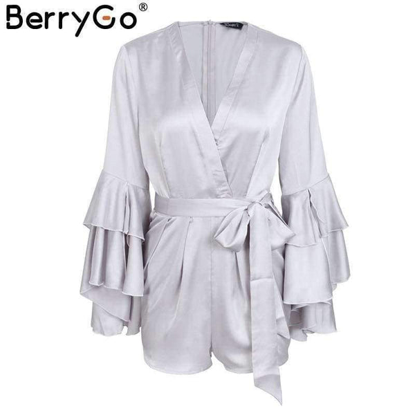 Planet Gates Pink / S Sexy v neck flare long sleeve playsuit High waist tie up pleated satin short romper 2018 Summer women jumpsuit