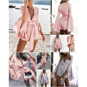 Planet Gates Pink / S Sexy v neck flare long sleeve playsuit High waist tie up pleated satin short romper 2018 Summer women jumpsuit