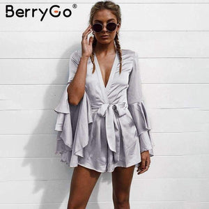 Planet Gates Pink / S Sexy v neck flare long sleeve playsuit High waist tie up pleated satin short romper 2018 Summer women jumpsuit