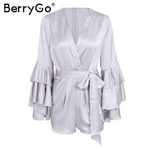 Planet Gates Pink / S Sexy v neck flare long sleeve playsuit High waist tie up pleated satin short romper 2018 Summer women jumpsuit