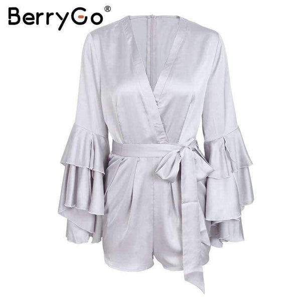 Planet Gates Pink / S Sexy v neck flare long sleeve playsuit High waist tie up pleated satin short romper 2018 Summer women jumpsuit