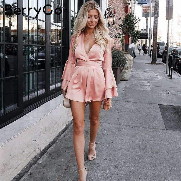 Planet Gates Pink / S Sexy v neck flare long sleeve playsuit High waist tie up pleated satin short romper 2018 Summer women jumpsuit